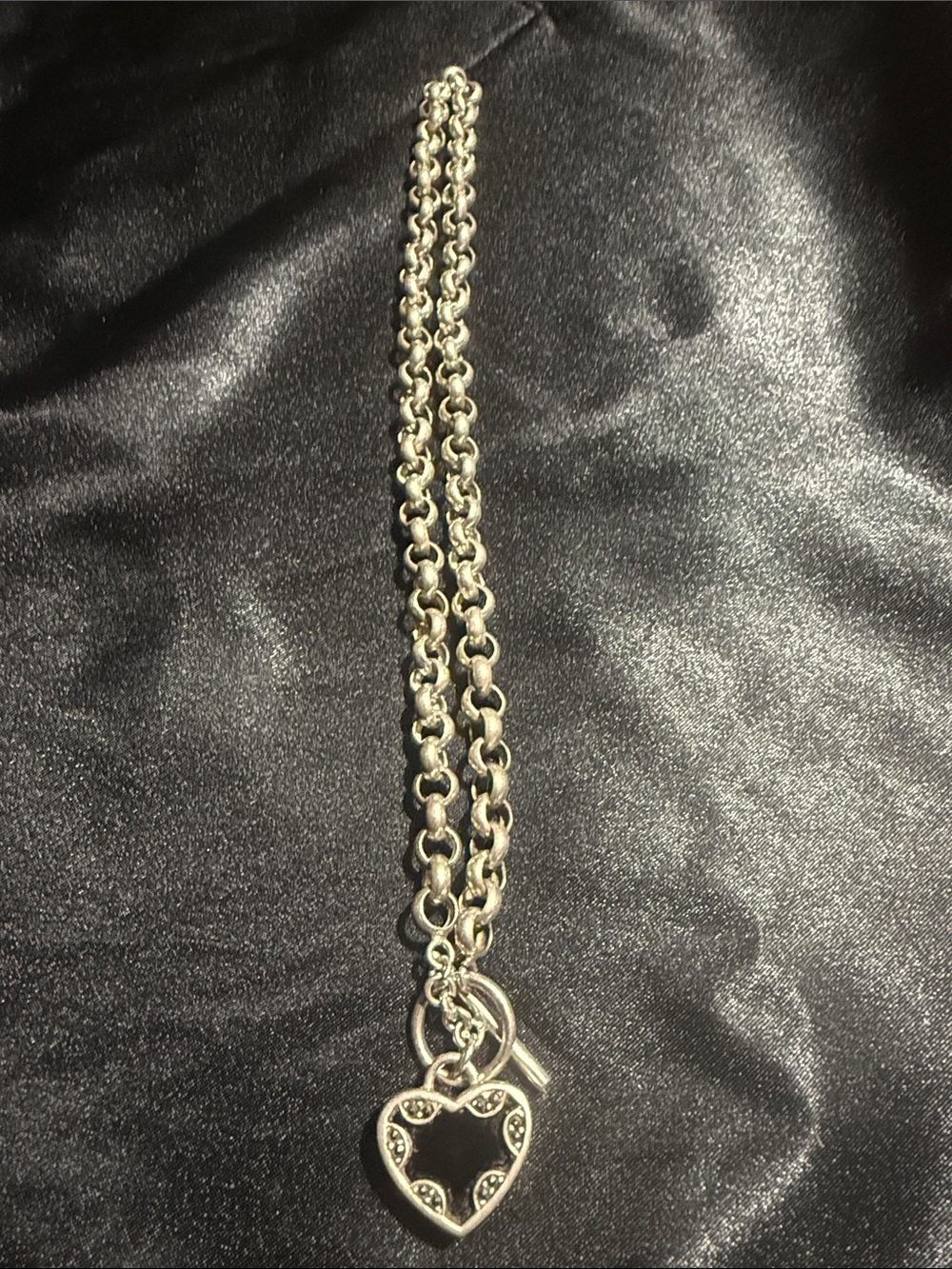 "Vintage 925 Sterling Silver Rolo Chain Necklace, Marcasite Heart Pendant